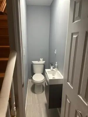 a small bathroom with a toilet and a sink at Maple Falls Oasis By Tig Management in Niagara Falls
