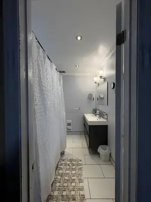 a bathroom with a shower curtain and a sink and a toilet at Chapman H in Toronto