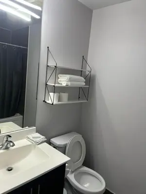 a bathroom with a sink and a toilet and a mirror at Stylish 2BR Suite by Square One in Mississauga