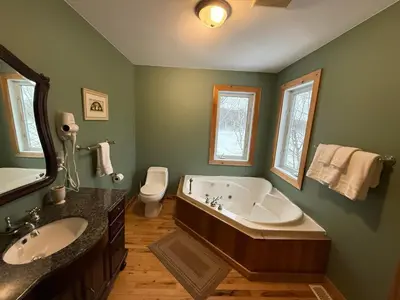 a bathroom with a tub and a toilet and a sink at The Beaver Den in Haliburton