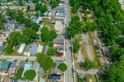 an overhead view of a city with houses and trees at Crystal Tides Retreat in Fort Erie