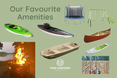 a collage of pictures of kayaks and a campfire at Muskoka Gem 8ppfireplacescanoekayaks in Bracebridge