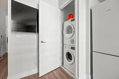 a laundry room with a washer and dryer at Charming Studio in Downtown Toronto in Toronto
