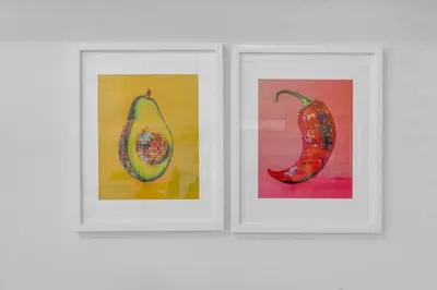 three framed paintings of a pepper and a papaya at Chic Open-Concept 5 Beds Home by Airport and Highways in Brampton