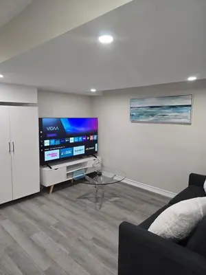 a living room with a large flat screen tv at Charming Suite in Cambridge