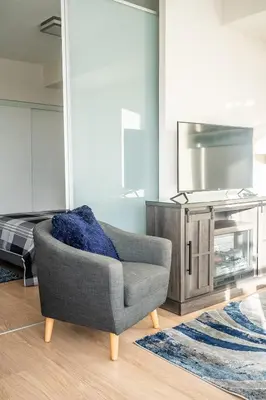 a living room with a chair and a tv at Cozy 1 BR & Den Condo in North York Free Parking in Toronto