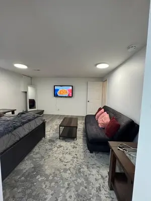 a living room with a couch and a flat screen tv at Studio Basement Apartment in Kitchener