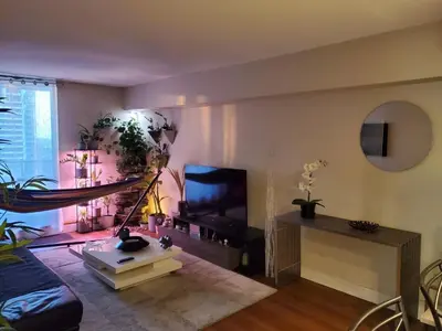 a living room with a couch and a flat screen tv at DT Apt great view whit garden in Toronto