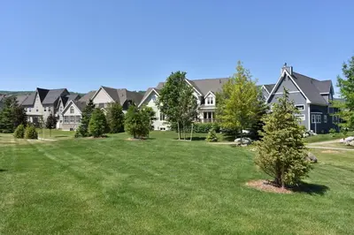 a large yard with trees in front of houses at Blue Mountain Village Townhome 4 Bedroom with Shuttle & Pool in Blue Mountains