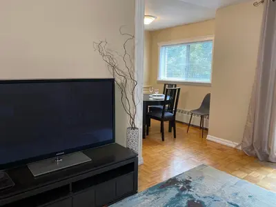a living room with a large flat screen tv at Bright 2 BR pet friendly, KING bed, WiFi,2 parking in Kitchener