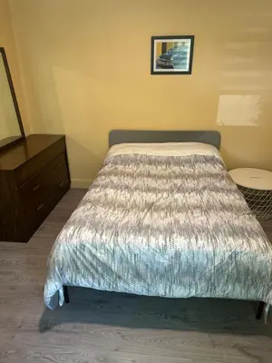 a bedroom with a bed and a dresser at Tom home in Toronto