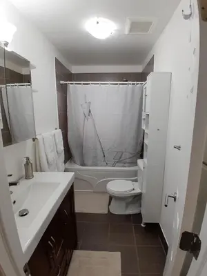 a bathroom with a sink and a toilet and a tub at The Cozy Bungalow in North York Nest in Toronto