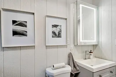 a bathroom with a sink and a toilet and two pictures at Muskoka Waterfront Cottage with Canoes and Fire Pit in Huntsville