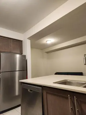 a kitchen with a stainless steel refrigerator and a sink at Cozy Home for 10 people in Kitchener