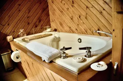 a bathroom with a sink in a wooden room at Serendipity 5 BR Waterfront 4 Seasons, Hot Tub, Firepit, Close to Ski HIll in Haliburton