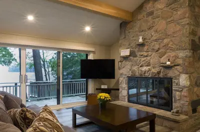 a living room with a stone fireplace and a tv at Olga's Bay Lake House in Minett