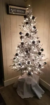 a silver christmas tree with lights in a room at Olga's Bay Lake House in Minett