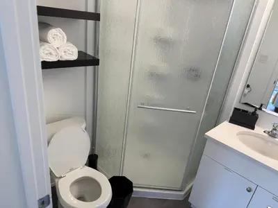 a small bathroom with a toilet and a shower at Bright Escape Falls Retreat in Niagara Falls