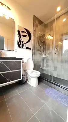 a bathroom with a toilet and a shower at Modern Room with En Suite Bath Yonge Finch Sub in Toronto