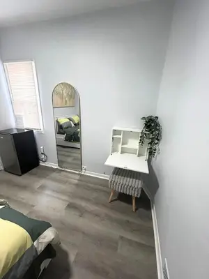 a bedroom with a bed and a mirror at Cozy Private Room Near Downtown Toronto in Toronto