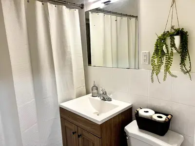 a bathroom with a sink and a toilet and a mirror at Toronto Upper Beaches Apartment in Toronto