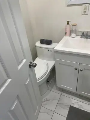 a white bathroom with a toilet and a sink at Exclusive Queen St Downtown Full House-PRIVATE PATIO in Toronto