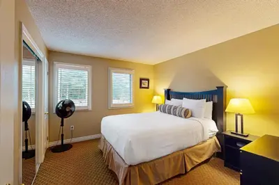 a bedroom with a large bed and two windows at Condo 701 at North Creek Resort in Blue Mountains
