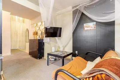 a living room with a bed and a tv at Studio Apartment in Casa, semi-bsmt in Toronto