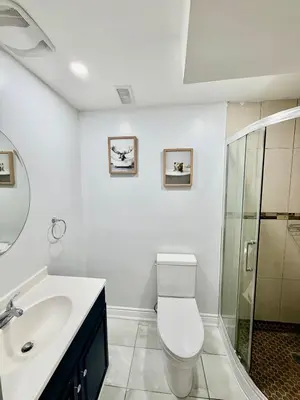 a bathroom with a toilet and a sink and a shower at Modern Cozy Basement Suite Free Parking in Brampton