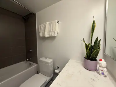 a bathroom with a toilet and a plant on a counter at Elegant and Charm Superior Suite Yorkville Toronto in Toronto