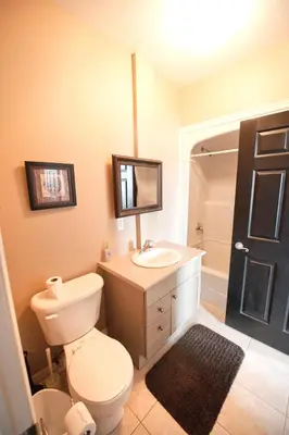 a bathroom with a toilet and a sink and a mirror at SUPERIOR 3 in Niagara Falls