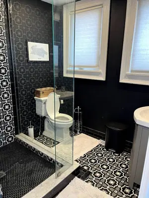 a bathroom with a toilet and a glass shower at 1Br Apt In Mansion With Indoor Pool Hot Tub in Hamilton