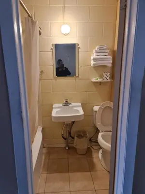 a bathroom with a sink and a toilet and a mirror at Skyways Motel in Gravenhurst