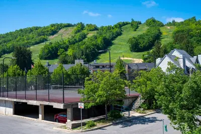an overhead view of a parking lot with a hill at Tranquility Oasis Ski-In Out Hot Tub Shuttle in Blue Mountains