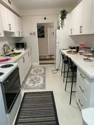 a kitchen with white cabinets and a black and white rug at V-Swim Suite-2 in Toronto