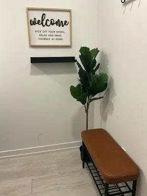 a bench sitting in a room with a plant at Serene Cozy 1BDRM Condo near Sherway Mall, Lakeshore, & Airport in Toronto