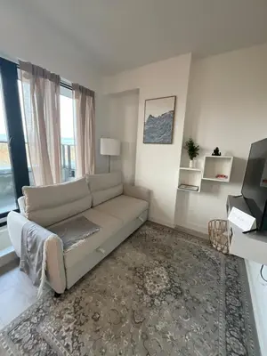 a living room with a couch and a television at Serene Cozy 1BDRM Condo near Sherway Mall, Lakeshore, & Airport in Toronto