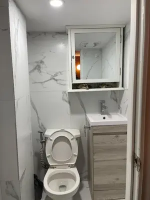 a white bathroom with a toilet and a sink at StayMaple in Toronto