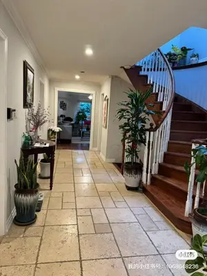 a hallway with stairs and potted plants in a house at 203 Comfortable private bedroom on second floor in Mississauga