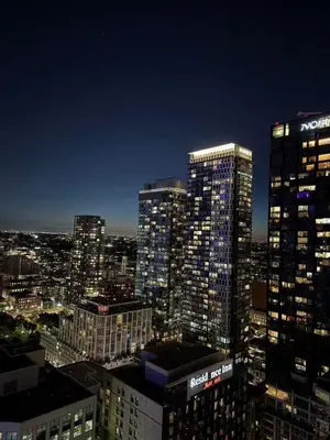 a night view of a city with tall buildings at CN Tower and Rogers Centre View and Central Island Lake View in Toronto