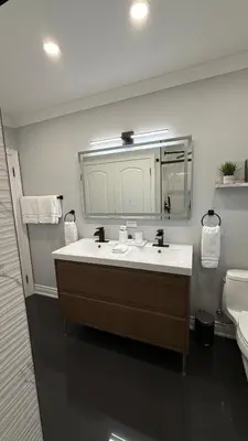 a bathroom with a sink and a mirror and a toilet at Beautiful Home with Hot tub by YYZ, 20min to CN Tower in Toronto