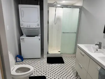 a bathroom with a toilet and a walk in shower at New 2 bedroom basement in Cambridge in Cambridge