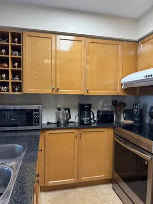 a kitchen with wooden cabinets and a counter top at Cozy & Elegant Condo-Lake & City View-35th floor in Toronto