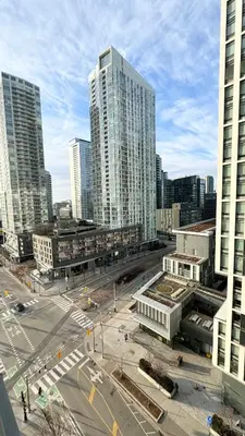 an aerial view of a city with tall buildings at Fully furnished Lux 1bedroom condo in Toronto