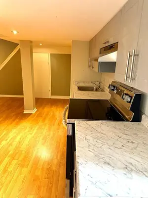 a kitchen with a counter top and wooden floors at Beautiful walkout basement in Georgetown