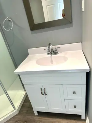 a bathroom with a white sink and a mirror at Beautiful walkout basement in Georgetown