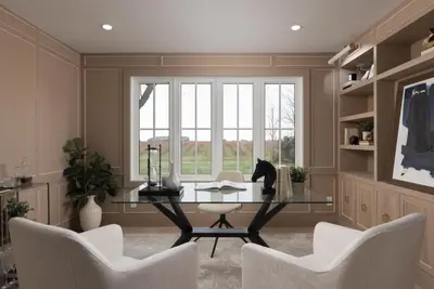 a dining room with a glass table and white chairs at Vineyard Estate by the River with Pool in Niagara on the Lake