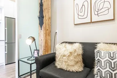 a living room with a black couch with a furry pillow at Bradshaw Lofts The Brixton King Suite in Stratford