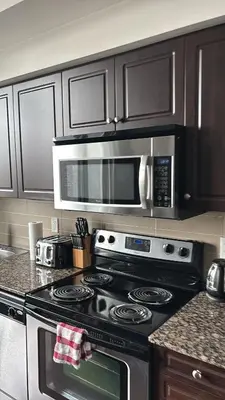 a kitchen with a stove and a microwave at apartment for 2 by water in St. Catharines