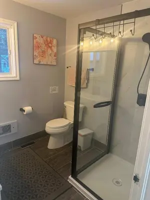 a bathroom with a toilet and a glass shower at Cozy Georgian Bay Cottage Firepit, Beach, 4-Season in Tiny